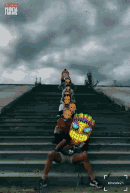 a group of people wearing masks are walking up a set of stairs with a piñata farms sign in the background