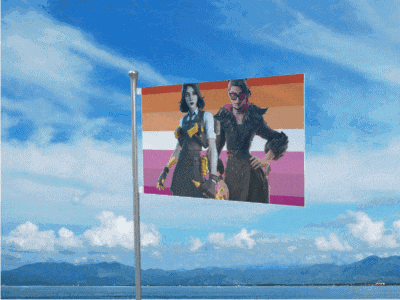 a flag with a picture of two people on it