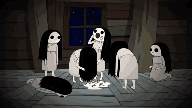 a group of cartoon characters with long black hair are standing around a girl laying on the floor