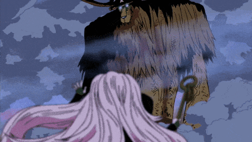 a cartoon drawing of a woman holding a key in front of a large animal