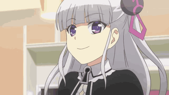 a girl with gray hair and purple eyes is wearing a black and white dress