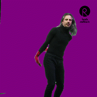a man in a black shirt is dancing in front of a purple background with the letter r on it