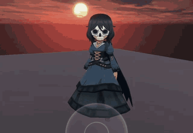 a cartoon character in a blue dress with a skeleton mask on her face