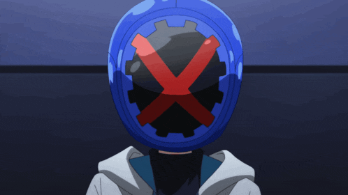 a person with a blue helmet with a red x on it