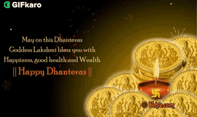 a happy dhanteras greeting card with gold coins and a lit lamp