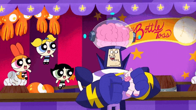 a cartoon character is holding a stuffed pig in front of a sign that says bottle toss