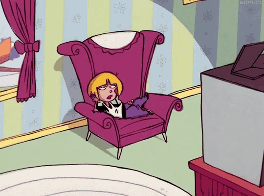 a cartoon girl is sitting in a purple chair in a living room