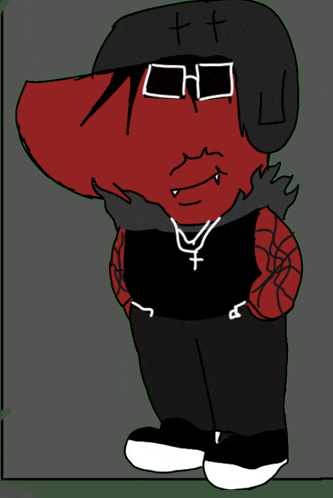 a drawing of a red monster wearing glasses and a necklace