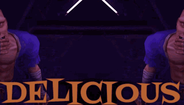 the word delicious is on a poster with two faces