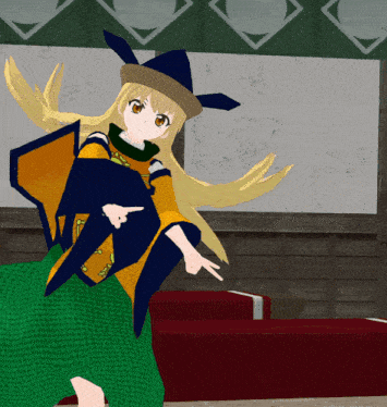 a cartoon character with long blonde hair and a black hat is pointing at something