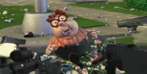 a cartoon character is laying on the ground surrounded by trash and guns