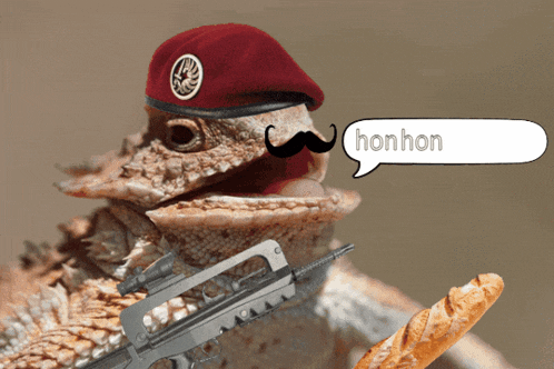 a lizard wearing a red beret and a mustache is holding a gun and a loaf of bread