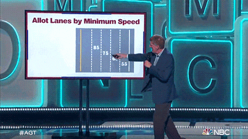 a man stands in front of a large screen that says " allot lanes by minimum speed "