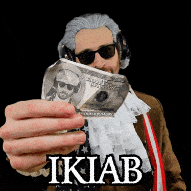 a man wearing a wig and sunglasses is holding a hundred dollar bill in front of his face