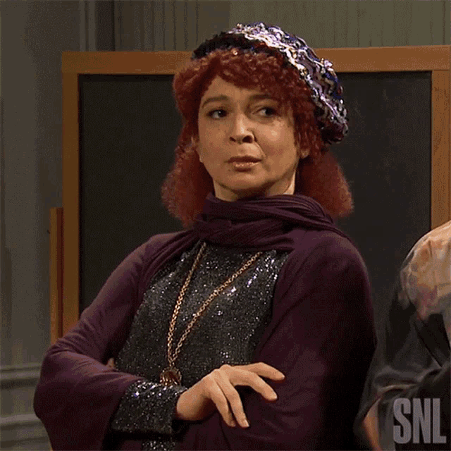 a woman with red hair is standing in front of a chalkboard with snl written on it