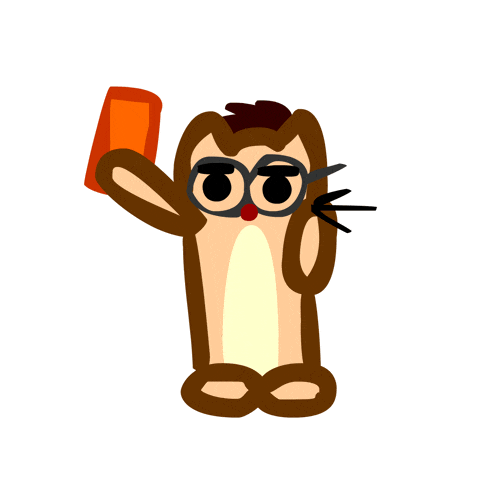 a cartoon drawing of a squirrel wearing glasses holding a red card