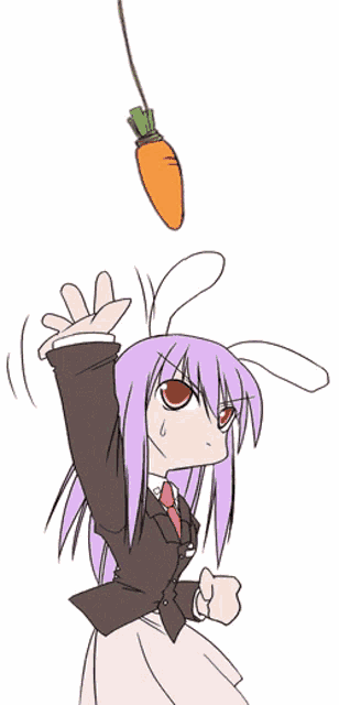 a drawing of a girl throwing a carrot in the air with chinese writing below it