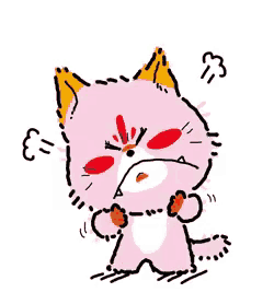 a pink cat with yellow eyes and red cheeks is surrounded by red spots .