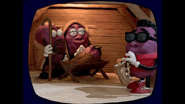 a cartoon of a nativity scene with potatoes