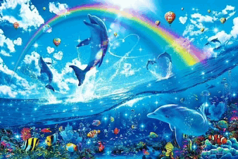 dolphins are swimming in the ocean with a rainbow in the background