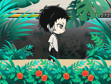 a cartoon of a boy in a white shirt standing in a garden with flowers