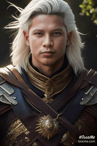 a man with long white hair is wearing armor and a medallion with the website toonme.com at the bottom