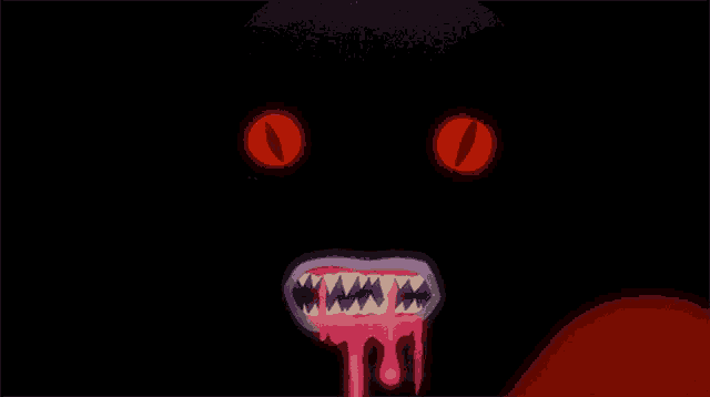 a cartoon drawing of a monster with red eyes and a pink tongue