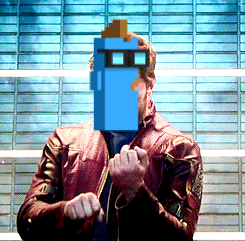 a man in a red leather jacket has a blue pixelated face behind him