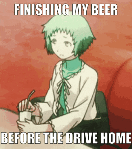 a girl with green hair is sitting at a table with a straw in her hand and the caption finishing my beer before the drive home below her