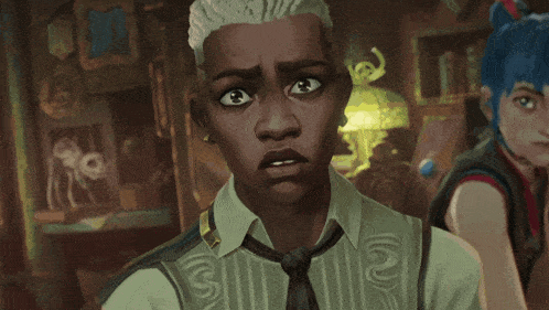 a man with blue hair and a woman with white hair