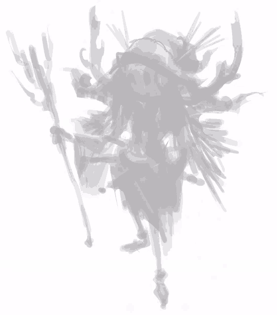 a drawing of a skeleton with horns and a staff