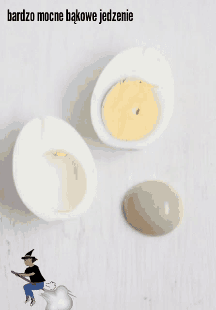 a cartoon of a witch on a broom next to hard boiled eggs and the words bardo mocne bakowe jedzenie