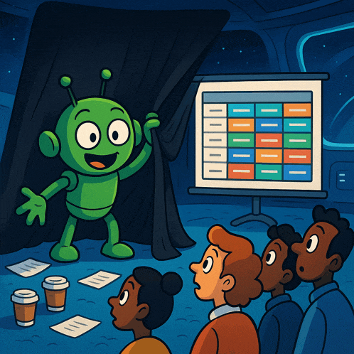 a cartoon of a green robot giving a presentation