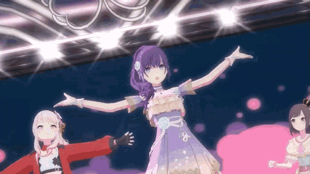 a group of anime girls are dancing on a stage .