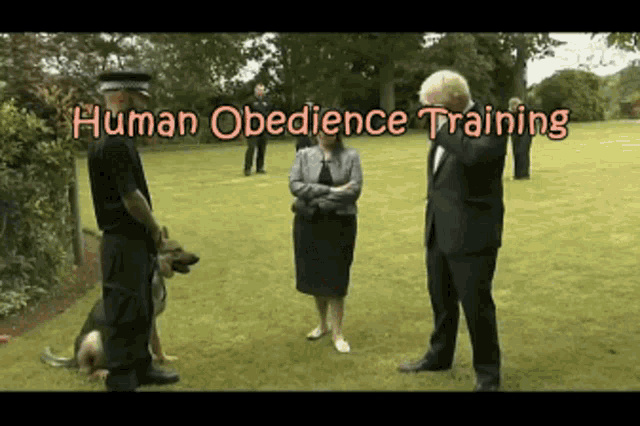 a man in a suit stands next to a woman and a dog with the words human obedience training below him