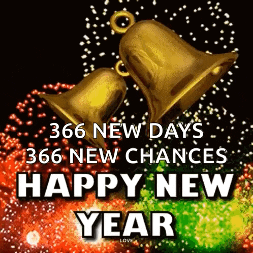 a happy new year greeting card with two bells and fireworks .