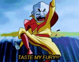 a cartoon character with the words taste my fury written below him