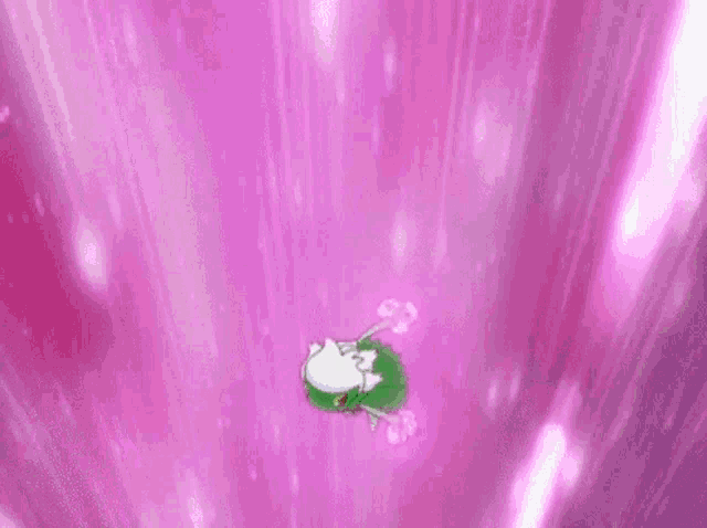 a green and white cartoon character is flying through a pink light .