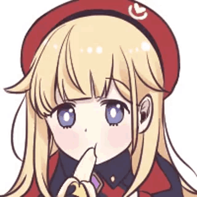 a cartoon girl is eating a banana and wearing a red hat .