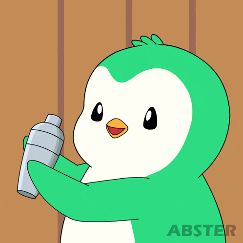 a cartoon of a penguin holding a shaker that says abster