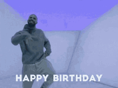 a man is dancing in a room with the words `` happy birthday '' .