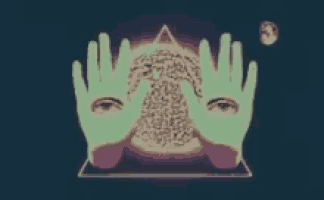 a drawing of a person 's hands reaching out towards a pyramid
