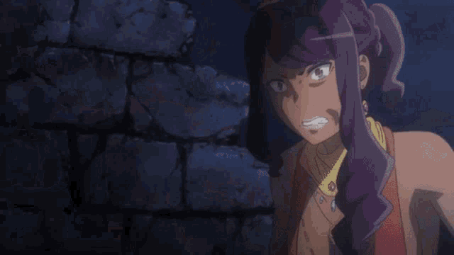 a woman with purple hair is making a funny face with her mouth wide open
