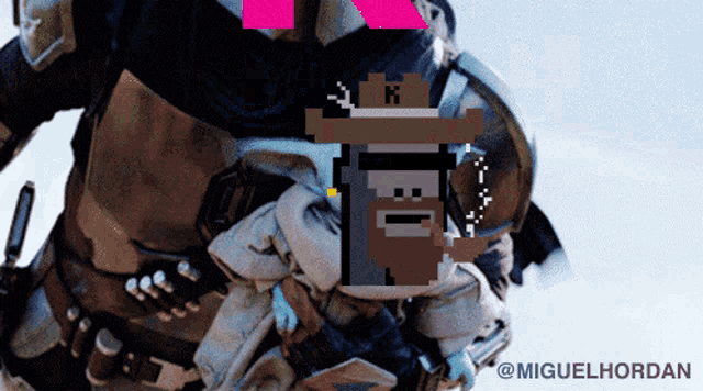 a pixel art of a man with a cowboy hat and the name miguelhordan