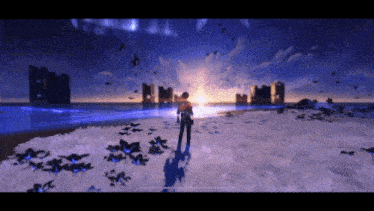 a person standing on a snowy field with a sunset in the background