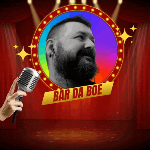 a man with a beard is holding a microphone in front of a sign that says bar da boe on it