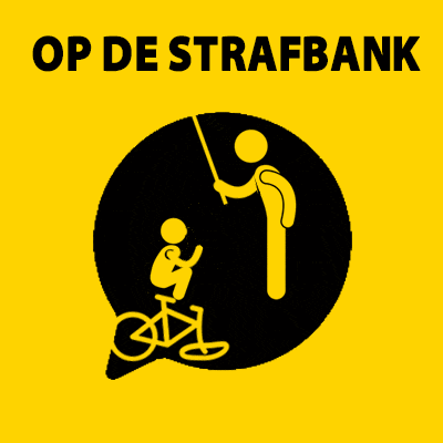 a yellow sign that says op de strafbank with a stick figure holding a stick