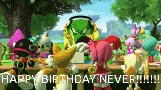 a group of cartoon characters are gathered around a table with the words " happy birthday never " on the bottom