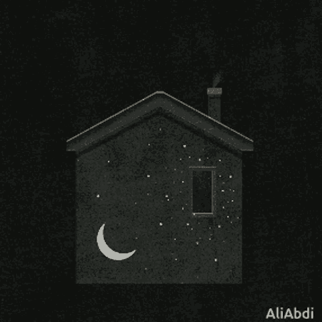 a drawing of a house with a crescent moon