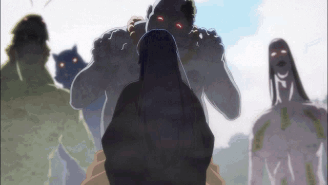a group of monsters are standing around a person